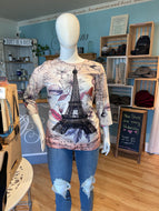 3/4 sleeve white and tan shirt with Eiffel Tower design