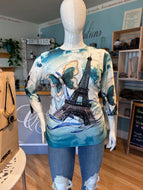 3/4 sleeve white and teal shirt with Eiffel Tower and rhinestones