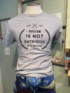 Mens 100% Cotton T Shirt Heather Grey “Racism isn’t patriotic it’s idiotic” (Clearance Final Sale)